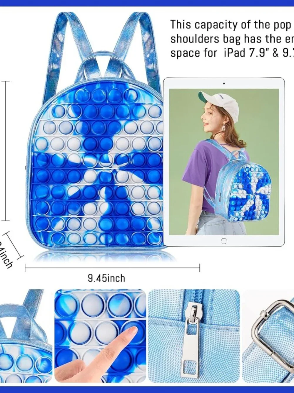Blue Pop It Fidget Backpack Kids Silicone Bubble Backpack 10